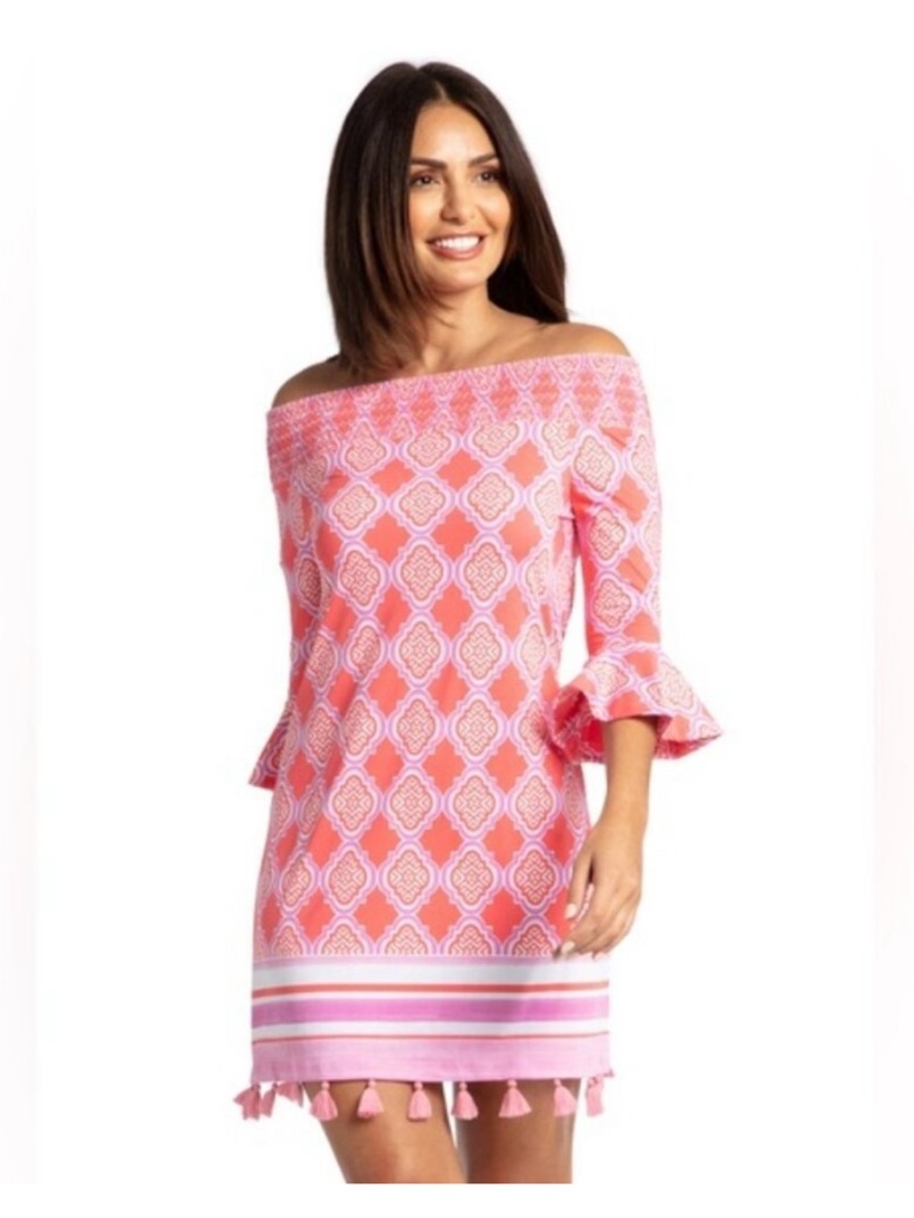 Cabana Life Coral Geo Coverluxe Smocked Dress 706-CG20 NEW Beach Dress Cruise